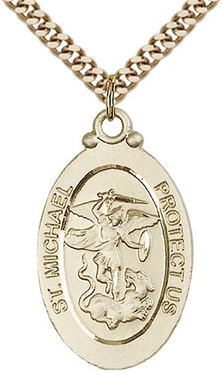 14KT GOLD FILLED ST MICHAEL PENDANT ON A CHAIN - 1 1/8" x 5/8"